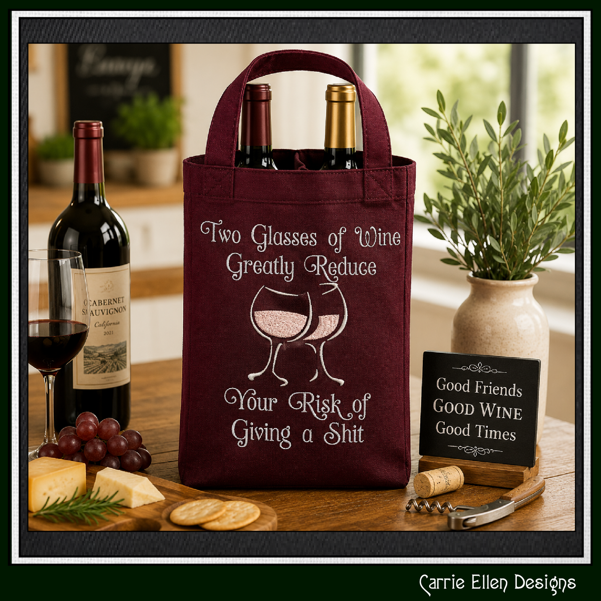 Funny Two Glasses Of Wine Reduce Risk Machine Embroidery Design File - Sarcastic Wine Quote Pattern, 6 Sizes (4314)
