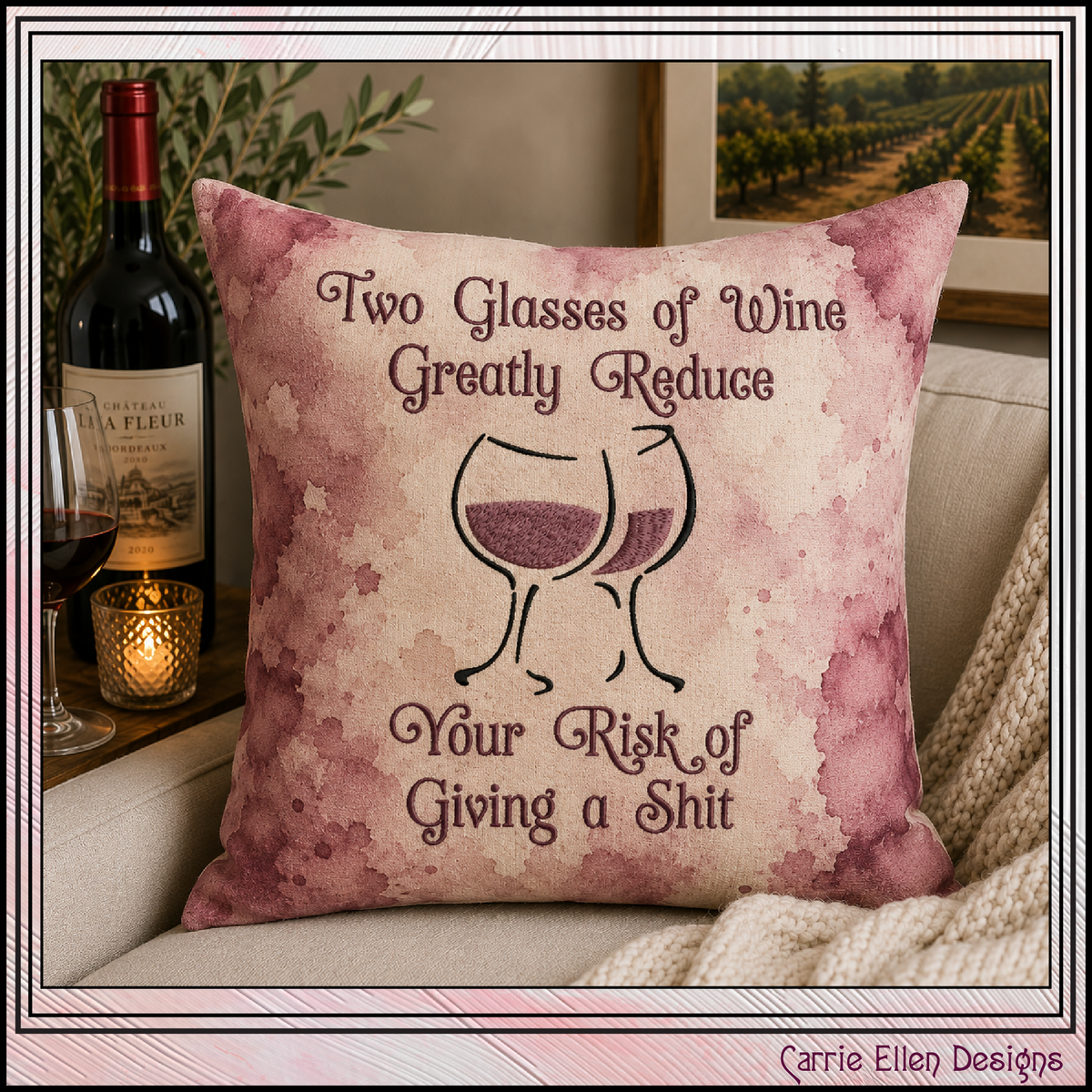 Funny Two Glasses Of Wine Reduce Risk Machine Embroidery Design File - Sarcastic Wine Quote Pattern, 6 Sizes (4314)