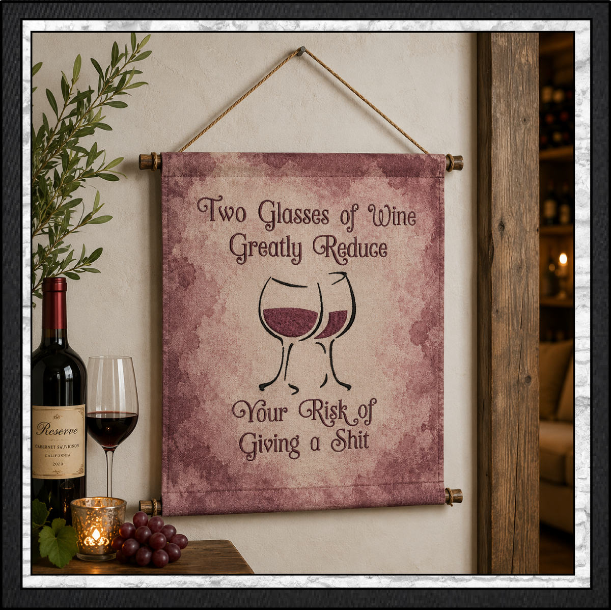 Funny Two Glasses Of Wine Reduce Risk Machine Embroidery Design File - Sarcastic Wine Quote Pattern, 6 Sizes (4314)