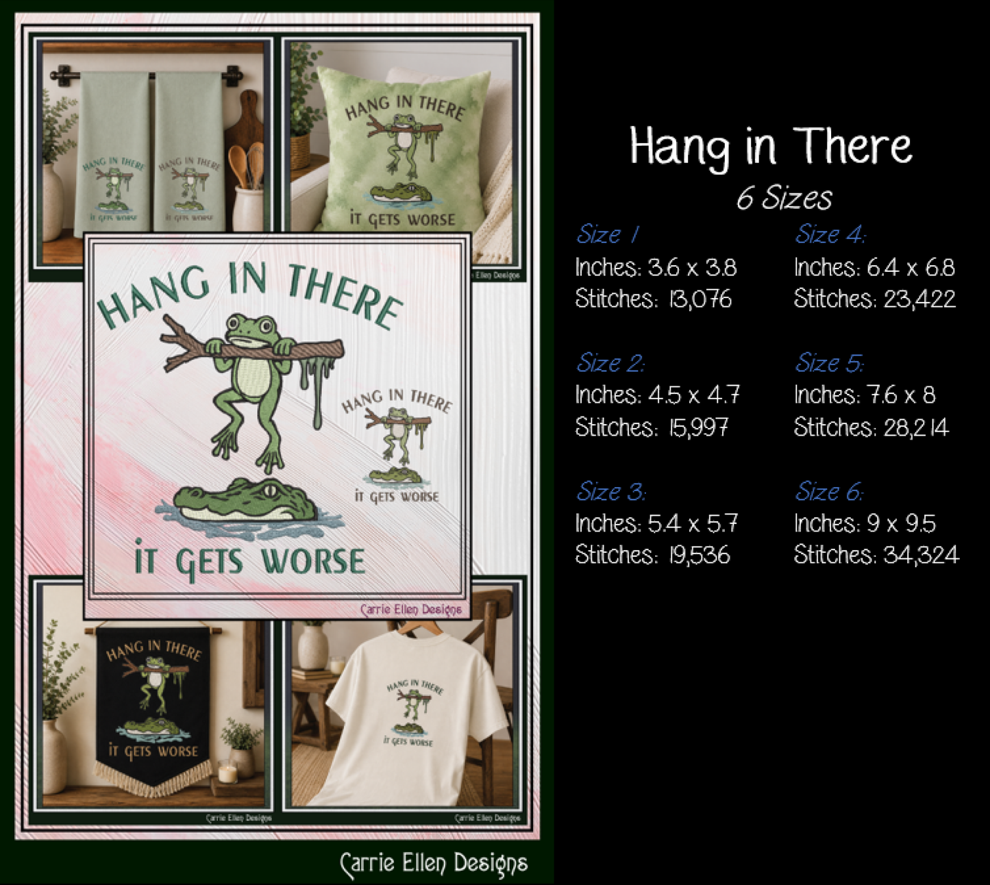 Funny Hang In There Frog and Alligator Machine Embroidery Design - Sarcastic Quote Pattern, 6 Sizes (4318)