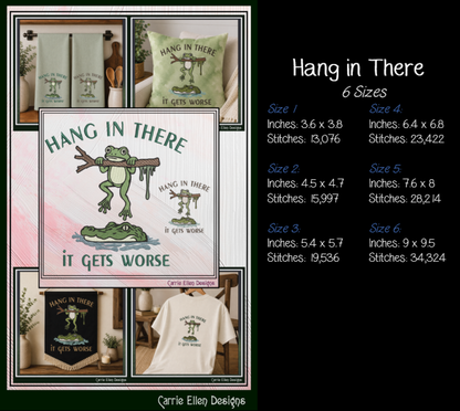 Funny Hang In There Frog and Alligator Machine Embroidery Design - Sarcastic Quote Pattern, 6 Sizes (4318)