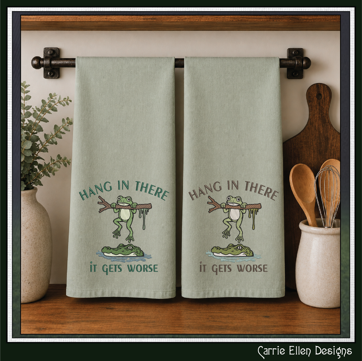 Funny Hang In There Frog and Alligator Machine Embroidery Design - Sarcastic Quote Pattern, 6 Sizes (4318)