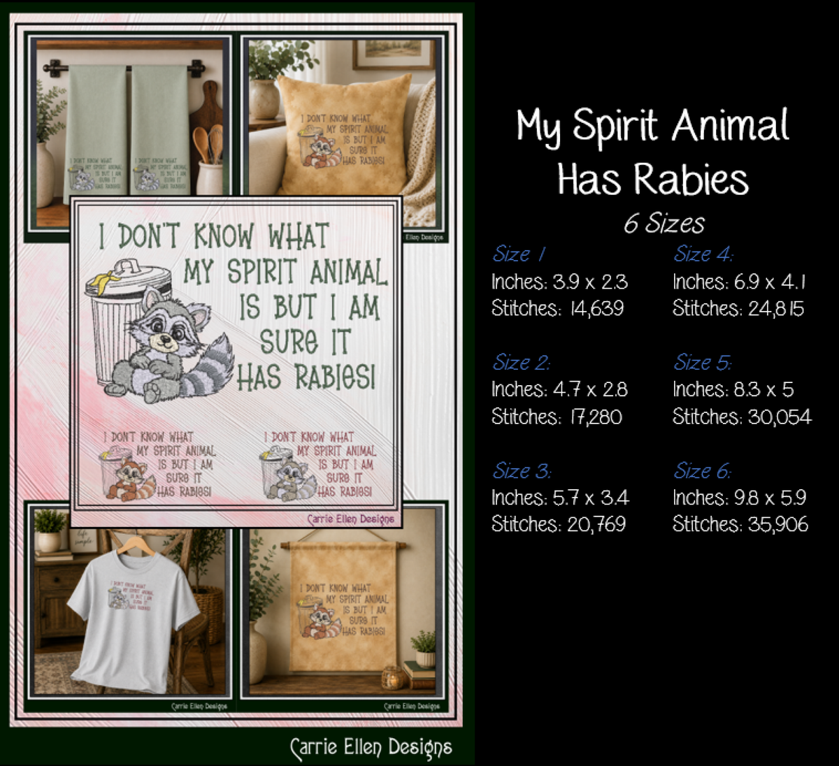 Spirit Animal Has Rabies" Funny Raccoon Machine Embroidery Design - Sarcastic Trash Raccoon Quote Pattern, 6 Sizes (4319)