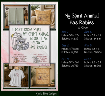 Spirit Animal Has Rabies" Funny Raccoon Machine Embroidery Design - Sarcastic Trash Raccoon Quote Pattern, 6 Sizes (4319)