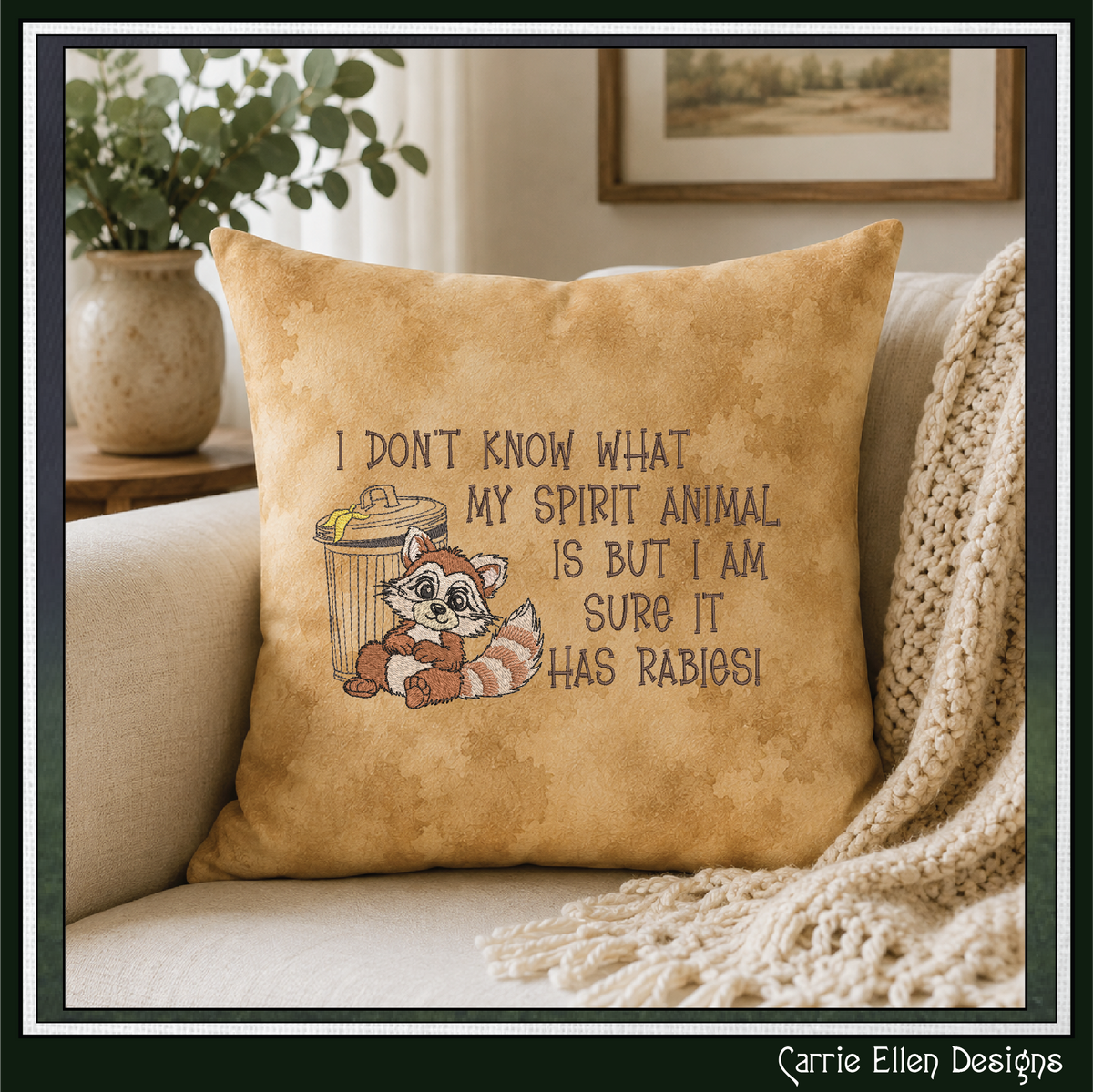 Spirit Animal Has Rabies" Funny Raccoon Machine Embroidery Design - Sarcastic Trash Raccoon Quote Pattern, 6 Sizes (4319)