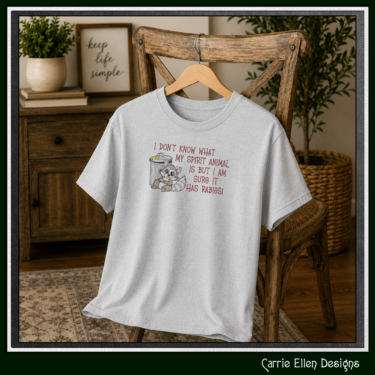 Spirit Animal Has Rabies" Funny Raccoon Machine Embroidery Design - Sarcastic Trash Raccoon Quote Pattern, 6 Sizes (4319)