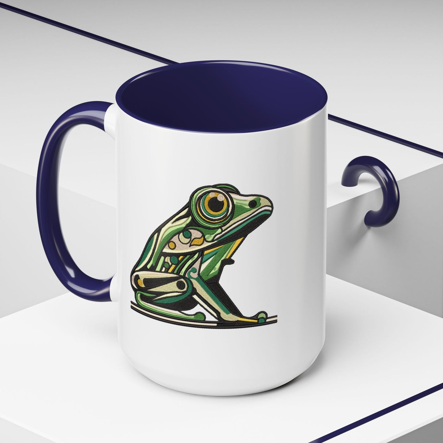 Green Stylized Frog Mug | Embroidery Styled Accent Colored Printed Coffee Mug (3817)