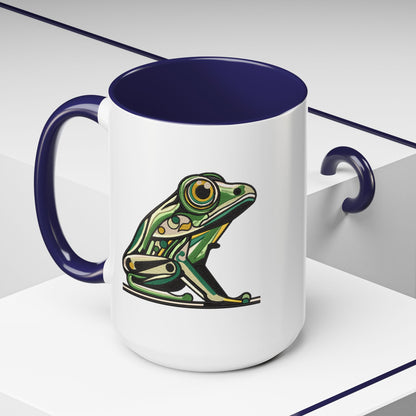 Green Stylized Frog Mug | Embroidery Styled Accent Colored Printed Coffee Mug (3817)