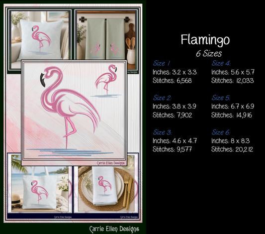 Pink Flamingo Machine Embroidery Design, Tropical Bird Summer Beach Stitch Pattern, 6 Sizes (4340)