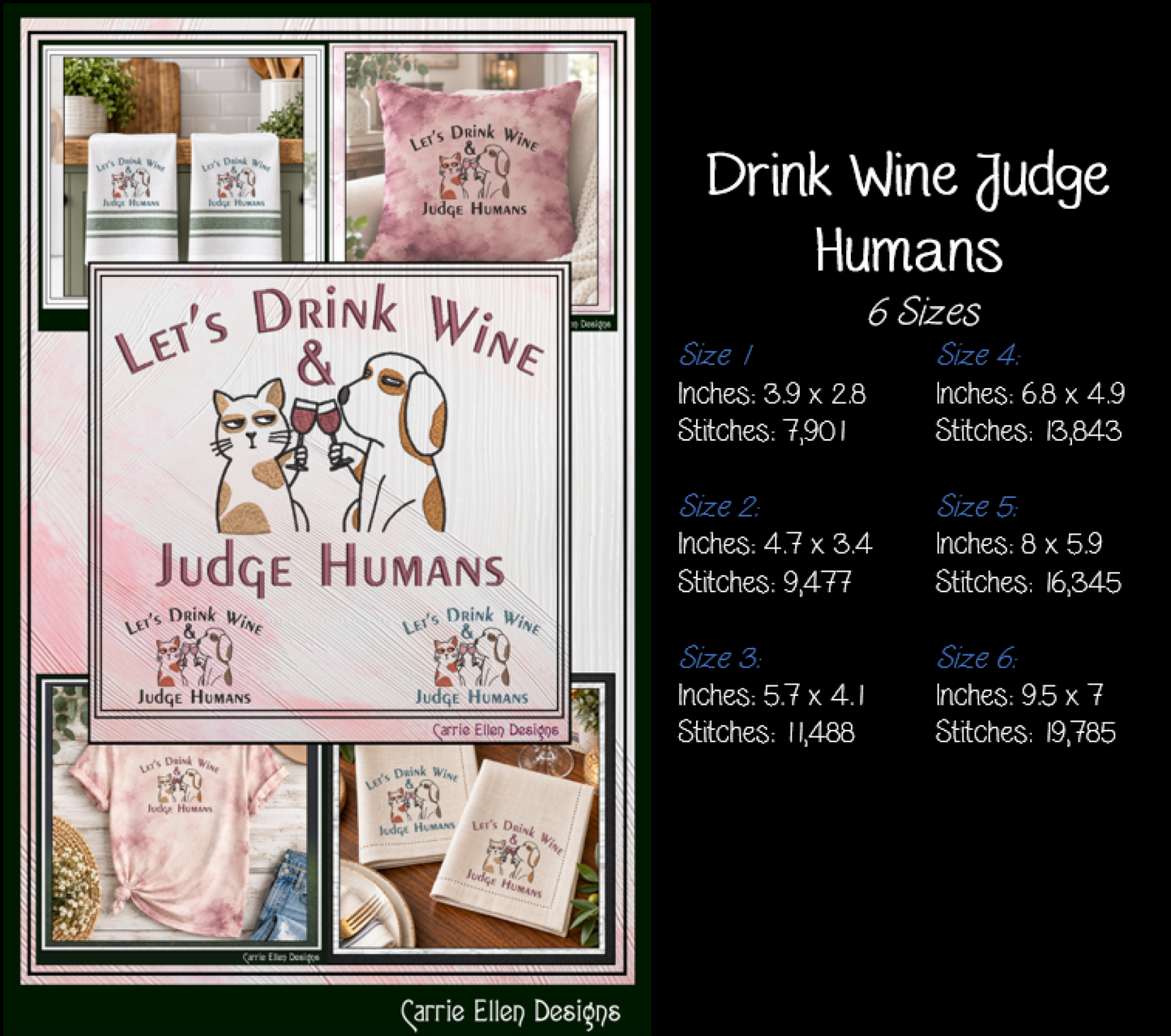 Let’s Drink Wine & Judge Humans – Funny Cat & Dog Machine Embroidery Design,  6 Sizes (4355)
