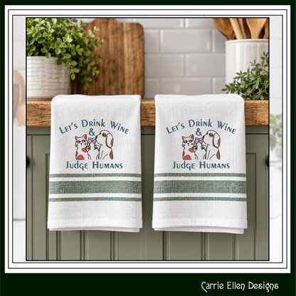 Let’s Drink Wine & Judge Humans – Funny Cat & Dog Machine Embroidery Design,  6 Sizes (4355)
