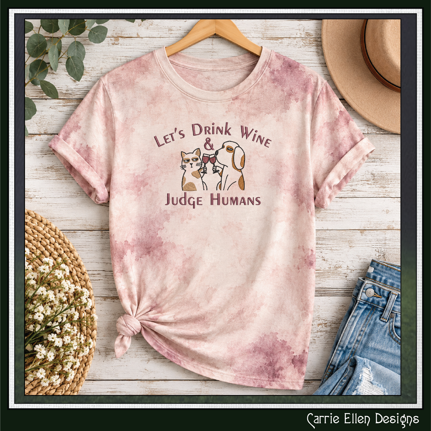 Let’s Drink Wine & Judge Humans – Funny Cat & Dog Machine Embroidery Design,  6 Sizes (4355)
