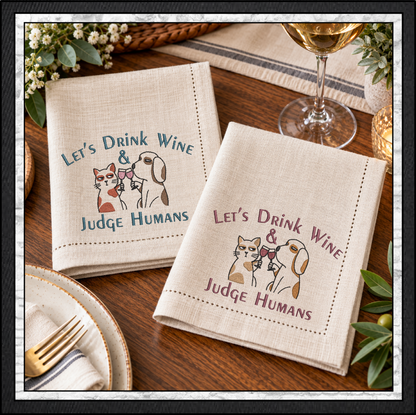 Let’s Drink Wine & Judge Humans – Funny Cat & Dog Machine Embroidery Design,  6 Sizes (4355)