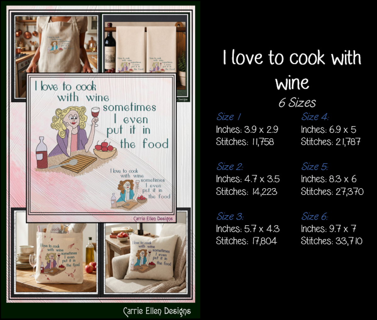 I Love To Cook With Wine Machine Embroidery Design, Funny Wine Quote, 6 Sizes (4356)