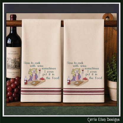 I Love To Cook With Wine Machine Embroidery Design, Funny Wine Quote, 6 Sizes (4356)