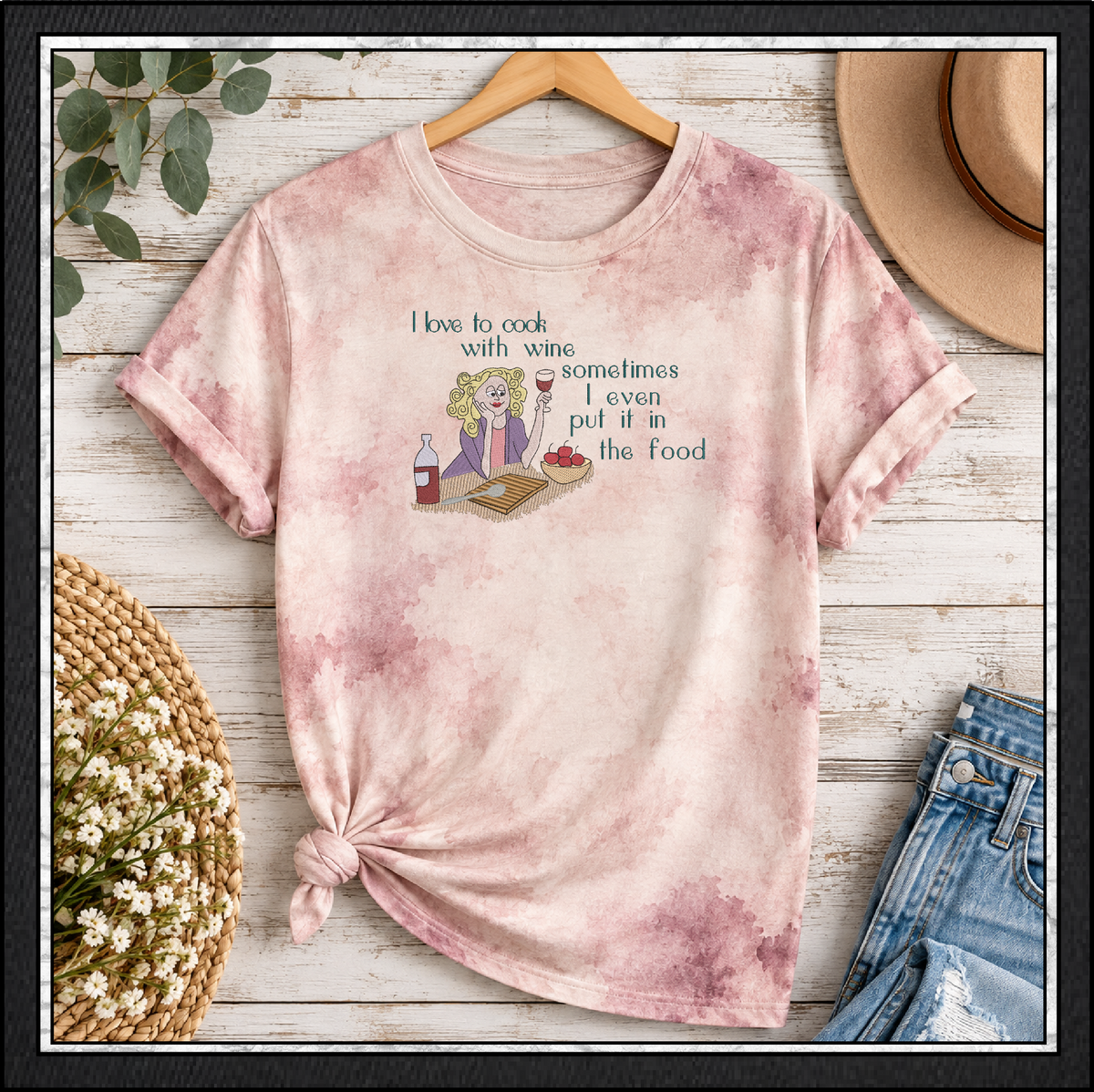 I Love To Cook With Wine Machine Embroidery Design, Funny Wine Quote, 6 Sizes (4356)