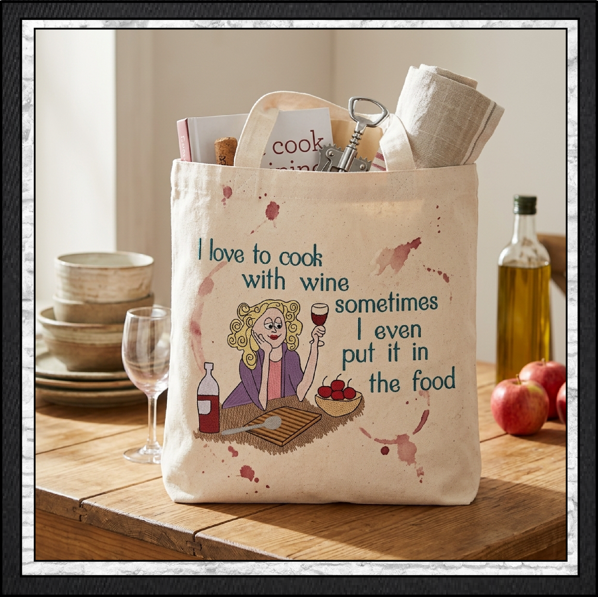 I Love To Cook With Wine Machine Embroidery Design, Funny Wine Quote, 6 Sizes (4356)