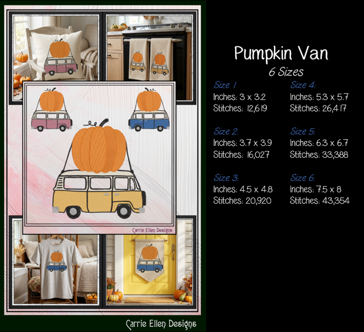 Vintage Fall Vehicles Pumpkin Machine Embroidery Design Set - Retro Beetle, Camper Van, & Pickup Truck Patterns, 3 Designs, 6 Sizes Each (4378)