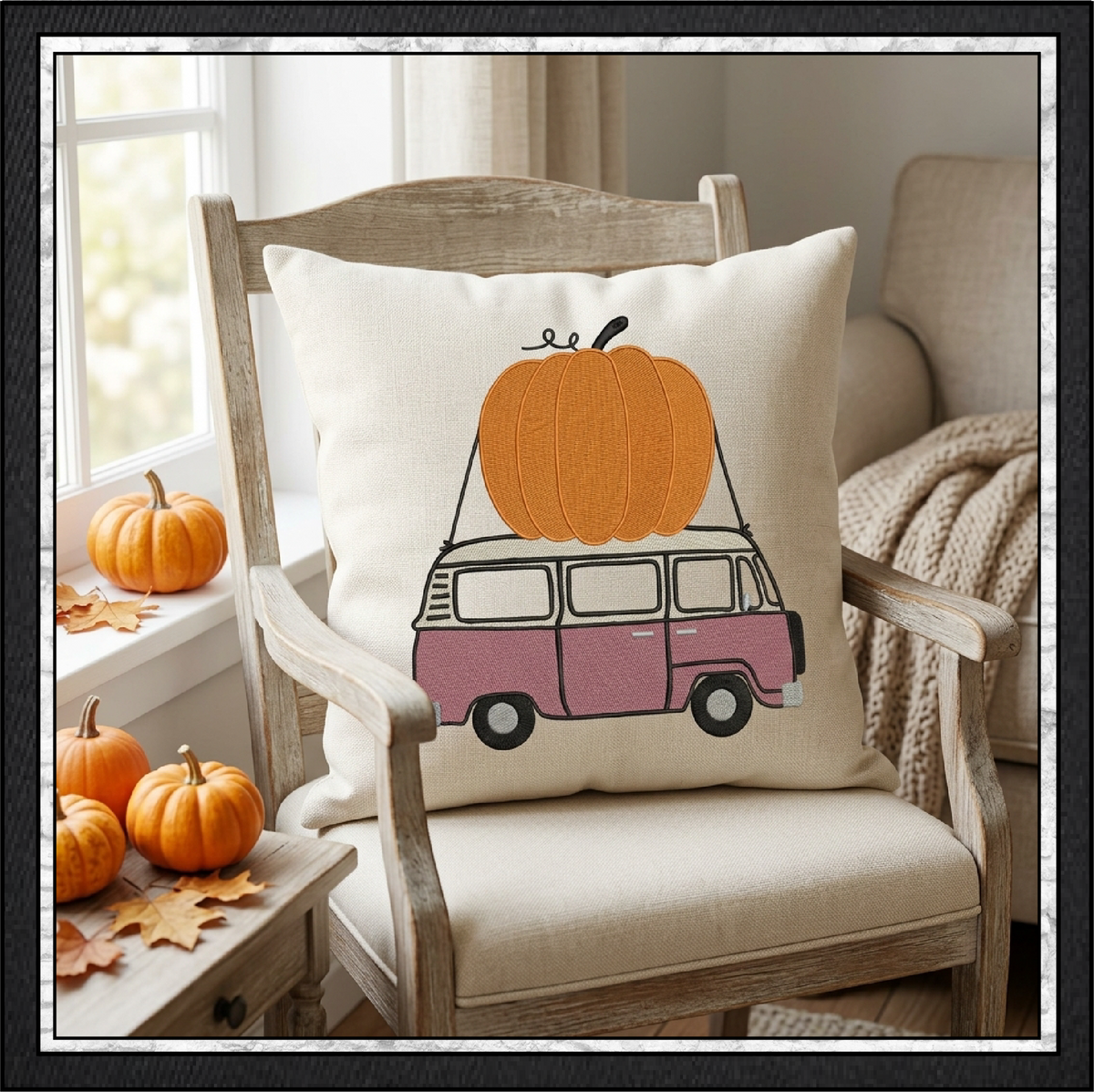 Vintage Fall Vehicles Pumpkin Machine Embroidery Design Set - Retro Beetle, Camper Van, & Pickup Truck Patterns, 3 Designs, 6 Sizes Each (4378)