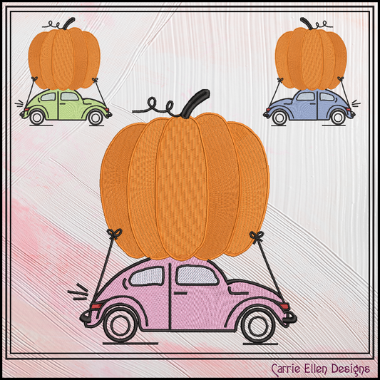 Vintage Bug Car with Giant Pumpkin Machine Embroidery Design, 6 Sizes (4371)