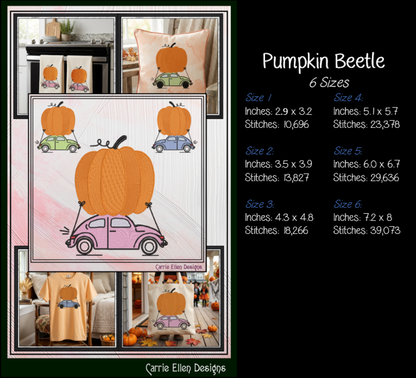 Vintage Fall Vehicles Pumpkin Machine Embroidery Design Set - Retro Beetle, Camper Van, & Pickup Truck Patterns, 3 Designs, 6 Sizes Each (4378)