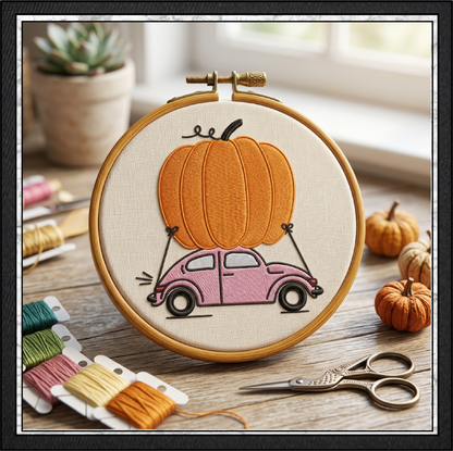 Vintage Bug Car with Giant Pumpkin Machine Embroidery Design, 6 Sizes (4371)