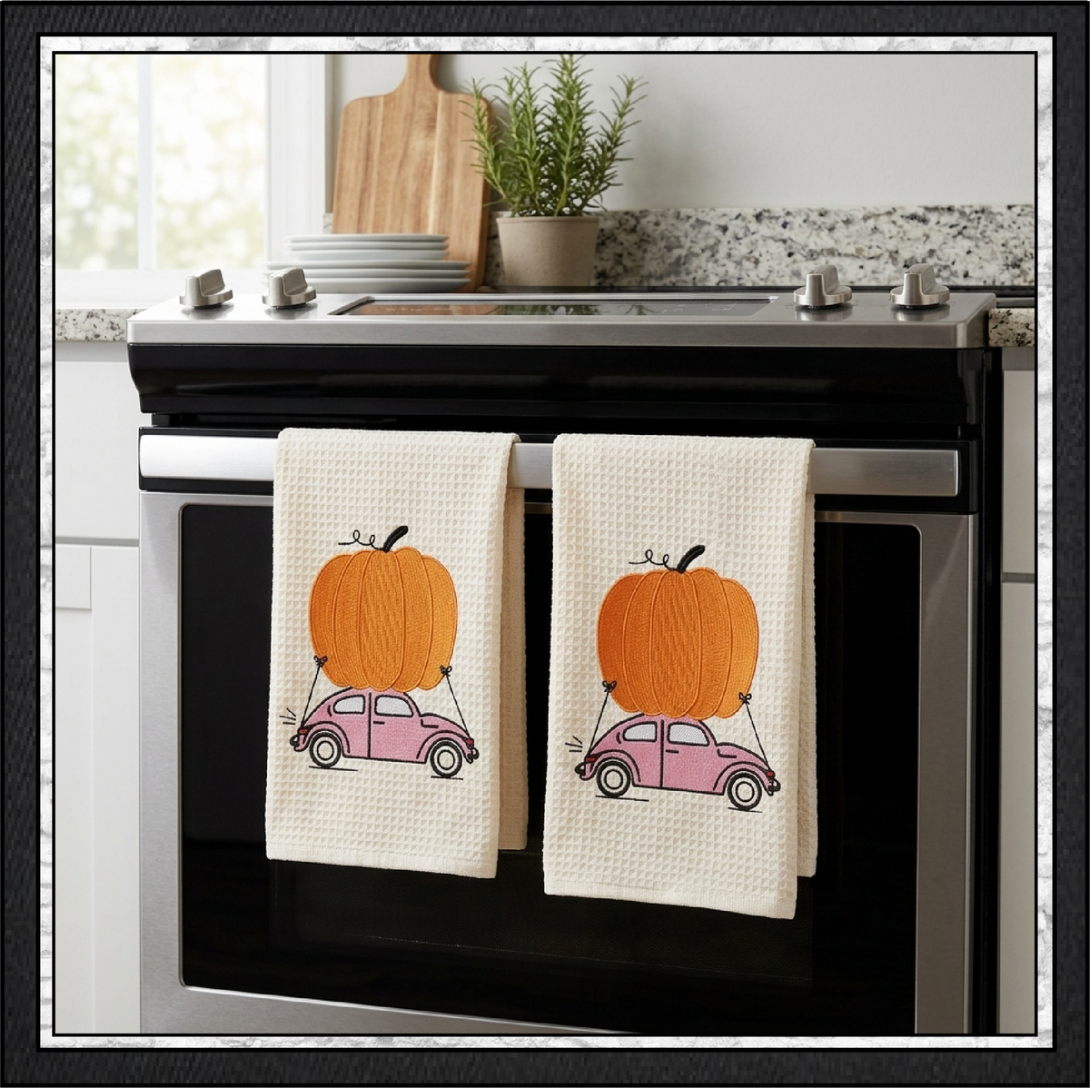 Vintage Fall Vehicles Pumpkin Machine Embroidery Design Set - Retro Beetle, Camper Van, & Pickup Truck Patterns, 3 Designs, 6 Sizes Each (4378)