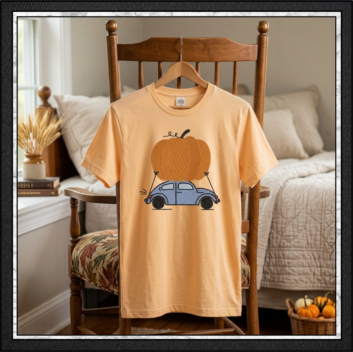 Vintage Fall Vehicles Pumpkin Machine Embroidery Design Set - Retro Beetle, Camper Van, & Pickup Truck Patterns, 3 Designs, 6 Sizes Each (4378)