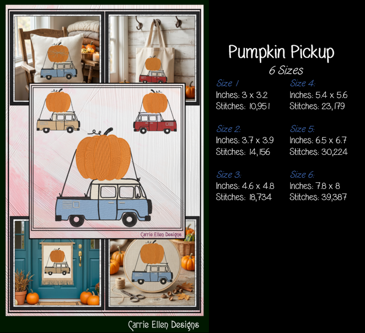 Vintage Fall Vehicles Pumpkin Machine Embroidery Design Set - Retro Beetle, Camper Van, & Pickup Truck Patterns, 3 Designs, 6 Sizes Each (4378)