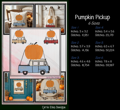 Vintage Fall Vehicles Pumpkin Machine Embroidery Design Set - Retro Beetle, Camper Van, & Pickup Truck Patterns, 3 Designs, 6 Sizes Each (4378)