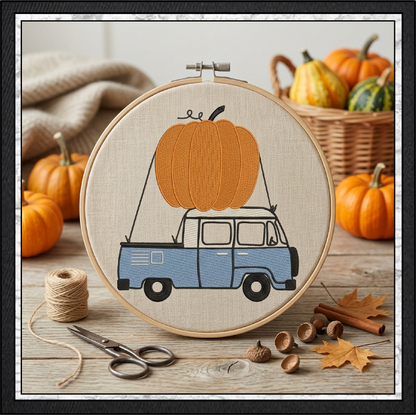 Vintage Blue Pickup Truck with Giant Pumpkin Machine Embroidery Design 6 Sizes (4372)