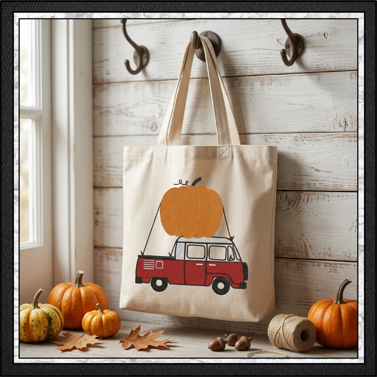 Vintage Fall Vehicles Pumpkin Machine Embroidery Design Set - Retro Beetle, Camper Van, & Pickup Truck Patterns, 3 Designs, 6 Sizes Each (4378)