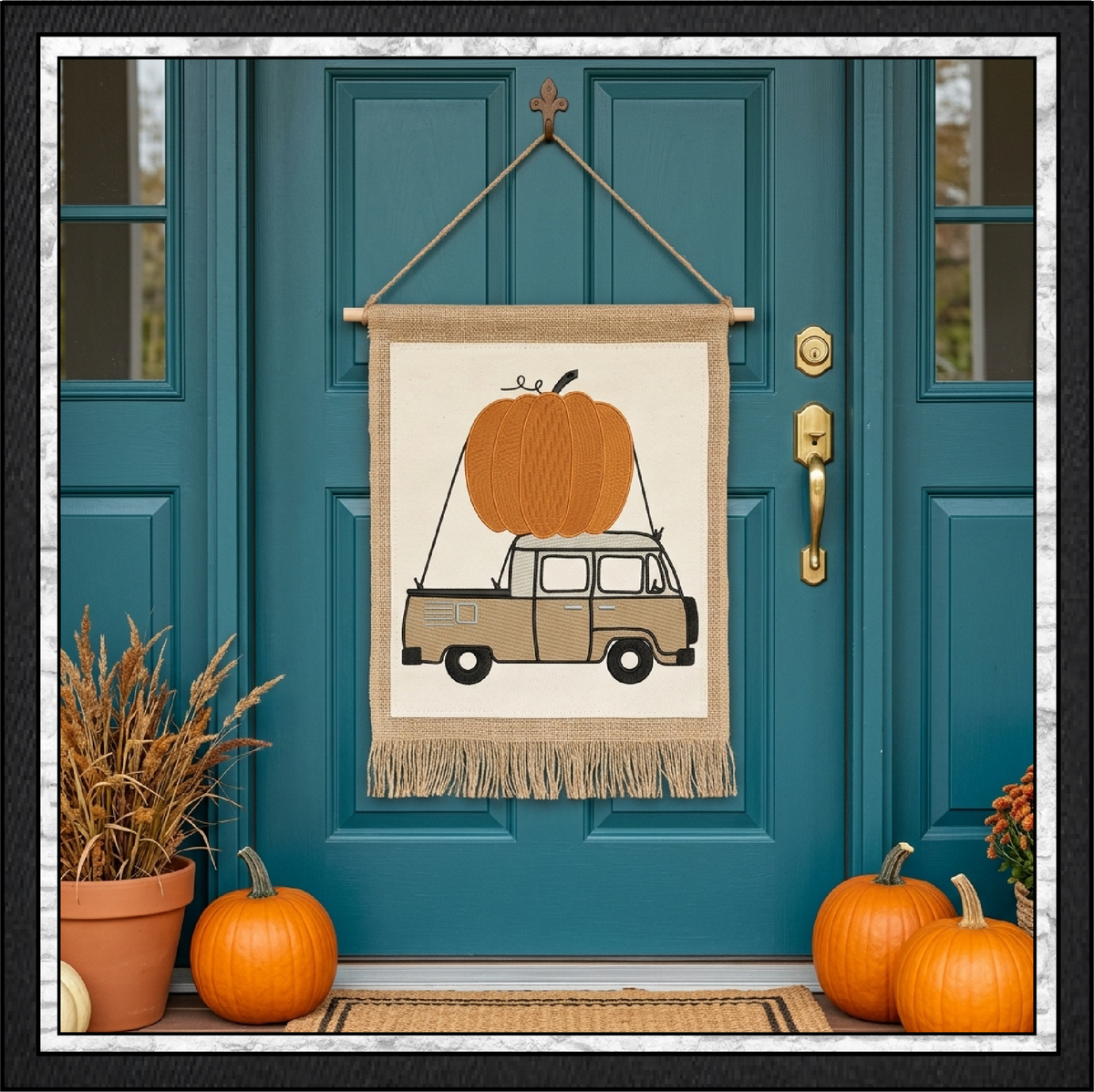 Vintage Blue Pickup Truck with Giant Pumpkin Machine Embroidery Design 6 Sizes (4372)