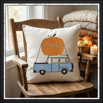 Vintage Fall Vehicles Pumpkin Machine Embroidery Design Set - Retro Beetle, Camper Van, & Pickup Truck Patterns, 3 Designs, 6 Sizes Each (4378)