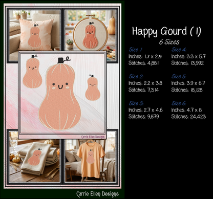 Happy Gourd & Cute Pumpkin Machine Embroidery Design Set - Kawaii Fall Autumn Pattern Bundle, 4 Designs, 6 Sizes Each (4379)