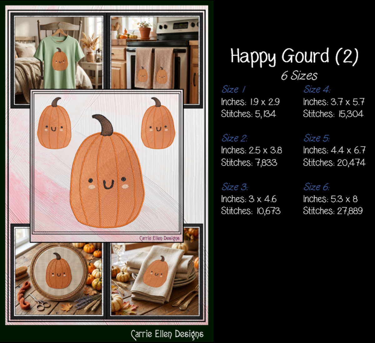 Happy Gourd & Cute Pumpkin Machine Embroidery Design Set - Kawaii Fall Autumn Pattern Bundle, 4 Designs, 6 Sizes Each (4379)