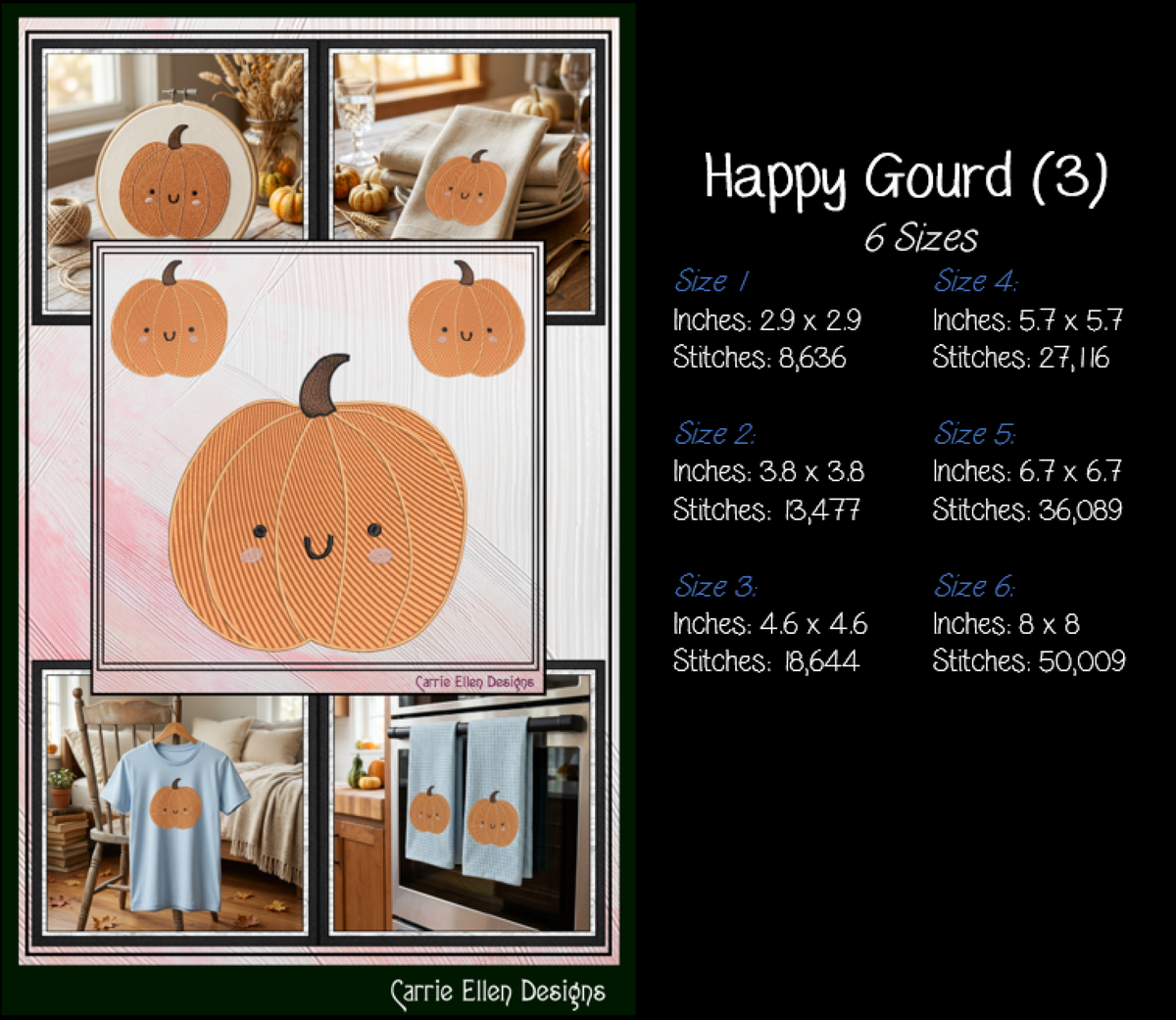 Happy Gourd & Cute Pumpkin Machine Embroidery Design Set - Kawaii Fall Autumn Pattern Bundle, 4 Designs, 6 Sizes Each (4379)