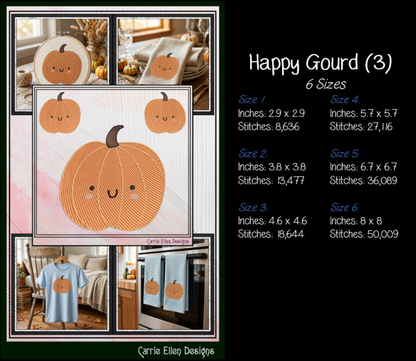 Happy Gourd & Cute Pumpkin Machine Embroidery Design Set - Kawaii Fall Autumn Pattern Bundle, 4 Designs, 6 Sizes Each (4379)