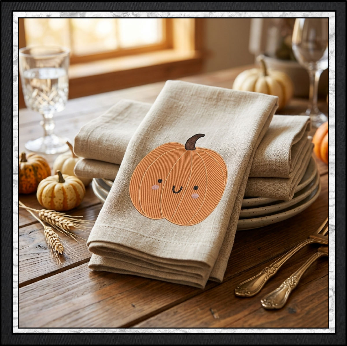 Happy Gourd & Cute Pumpkin Machine Embroidery Design Set - Kawaii Fall Autumn Pattern Bundle, 4 Designs, 6 Sizes Each (4379)