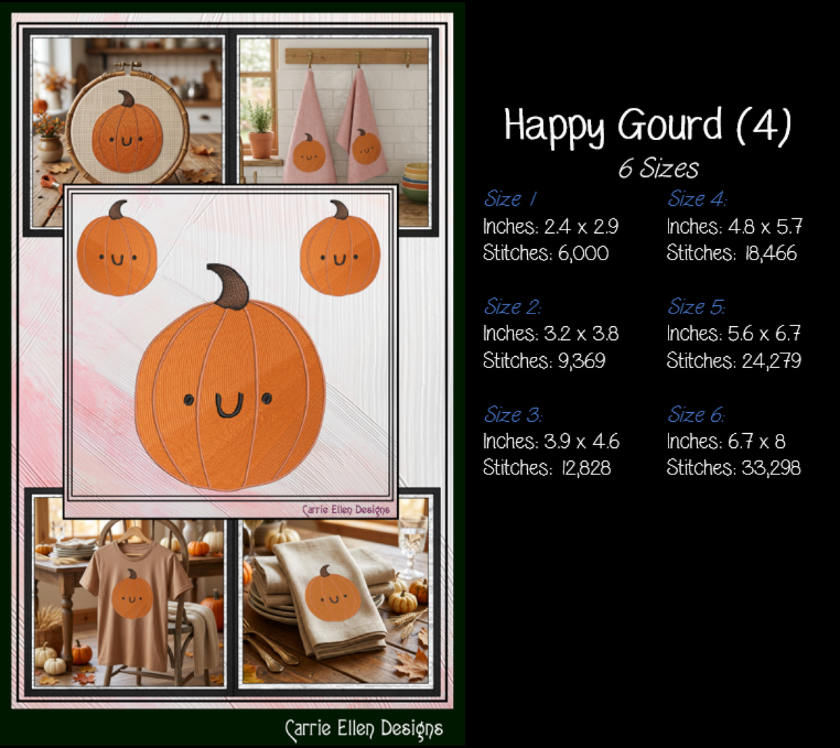 Happy Gourd & Cute Pumpkin Machine Embroidery Design Set - Kawaii Fall Autumn Pattern Bundle, 4 Designs, 6 Sizes Each (4379)