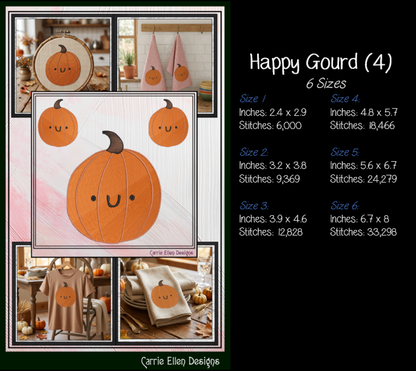 Happy Gourd & Cute Pumpkin Machine Embroidery Design Set - Kawaii Fall Autumn Pattern Bundle, 4 Designs, 6 Sizes Each (4379)