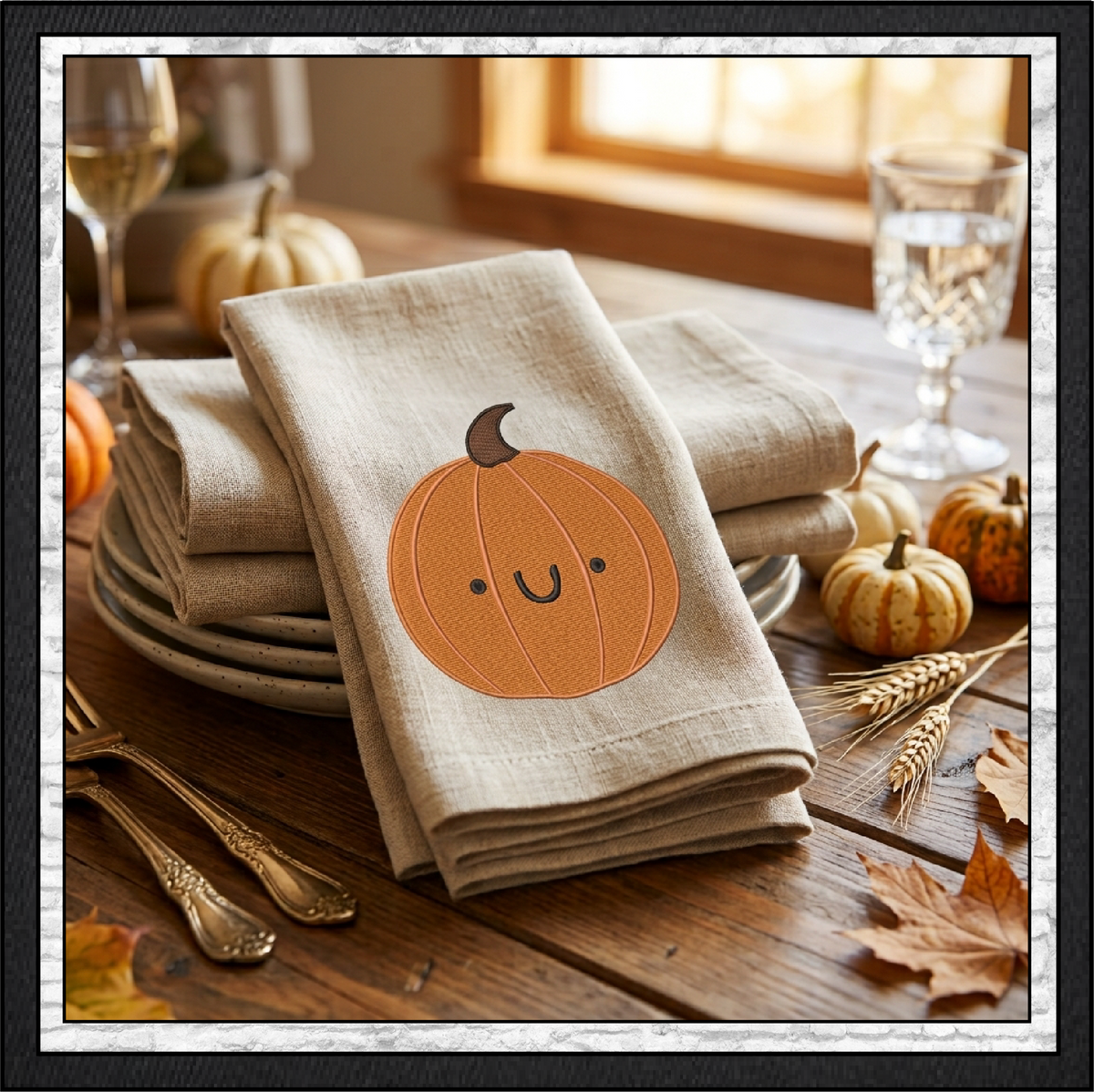 Happy Gourd & Cute Pumpkin Machine Embroidery Design Set - Kawaii Fall Autumn Pattern Bundle, 4 Designs, 6 Sizes Each (4379)