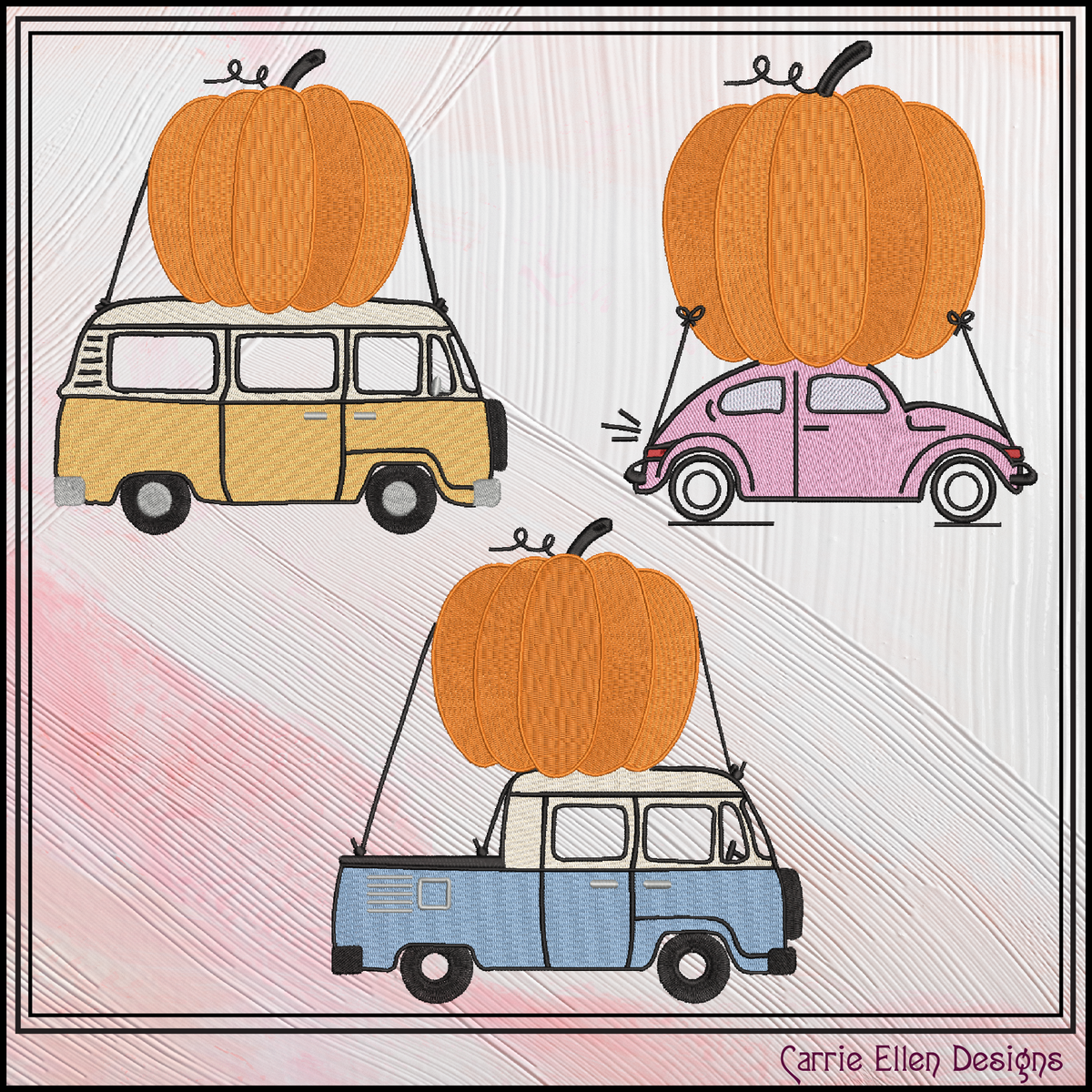 Vintage Fall Vehicles Pumpkin Machine Embroidery Design Set - Retro Beetle, Camper Van, & Pickup Truck Patterns, 3 Designs, 6 Sizes Each (4378)