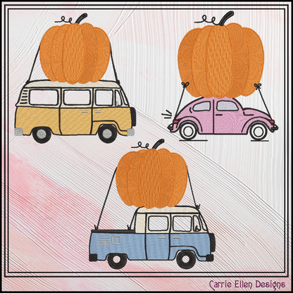 Vintage Fall Vehicles Pumpkin Machine Embroidery Design Set - Retro Beetle, Camper Van, & Pickup Truck Patterns, 3 Designs, 6 Sizes Each (4378)