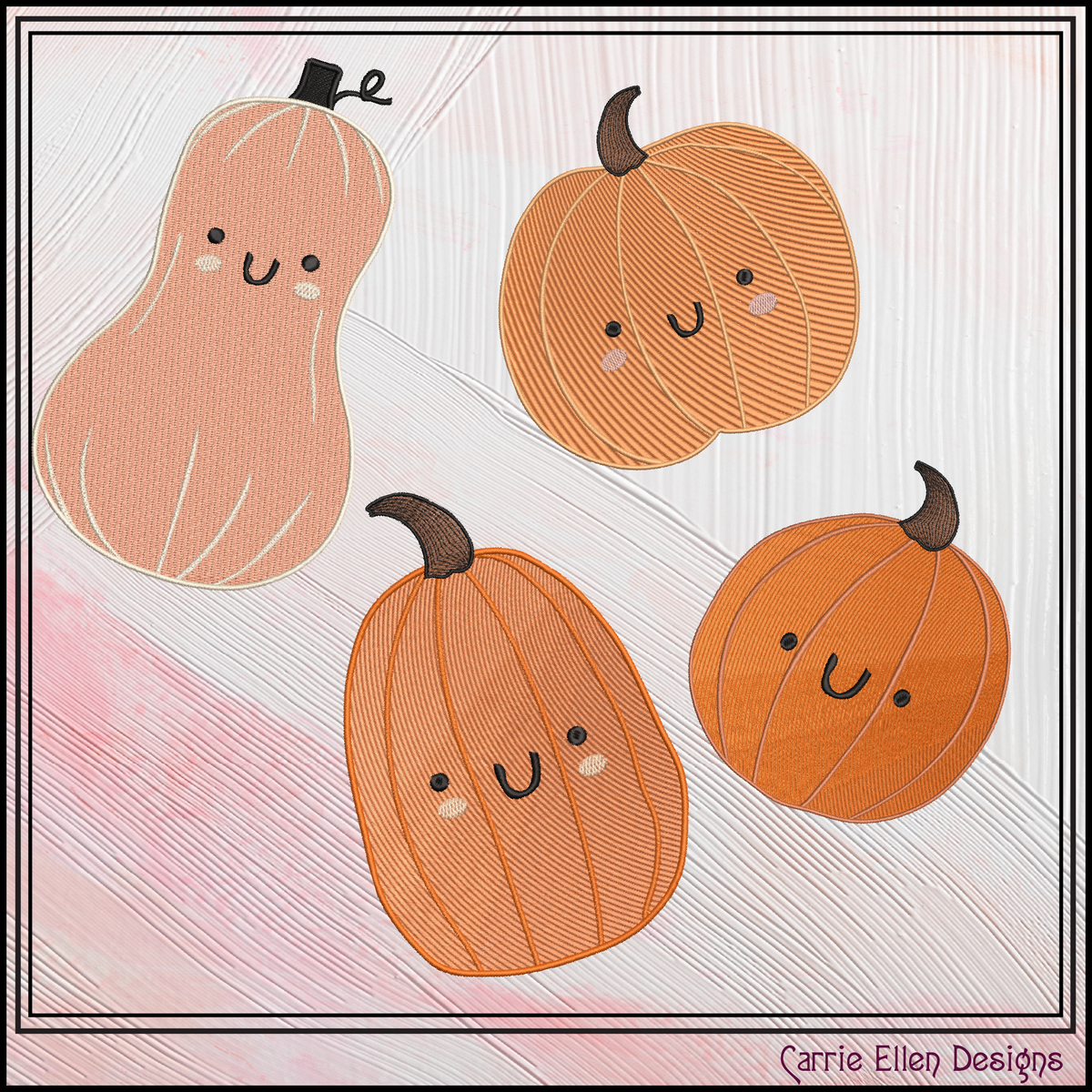 Happy Gourd & Cute Pumpkin Machine Embroidery Design Set - Kawaii Fall Autumn Pattern Bundle, 4 Designs, 6 Sizes Each (4379)