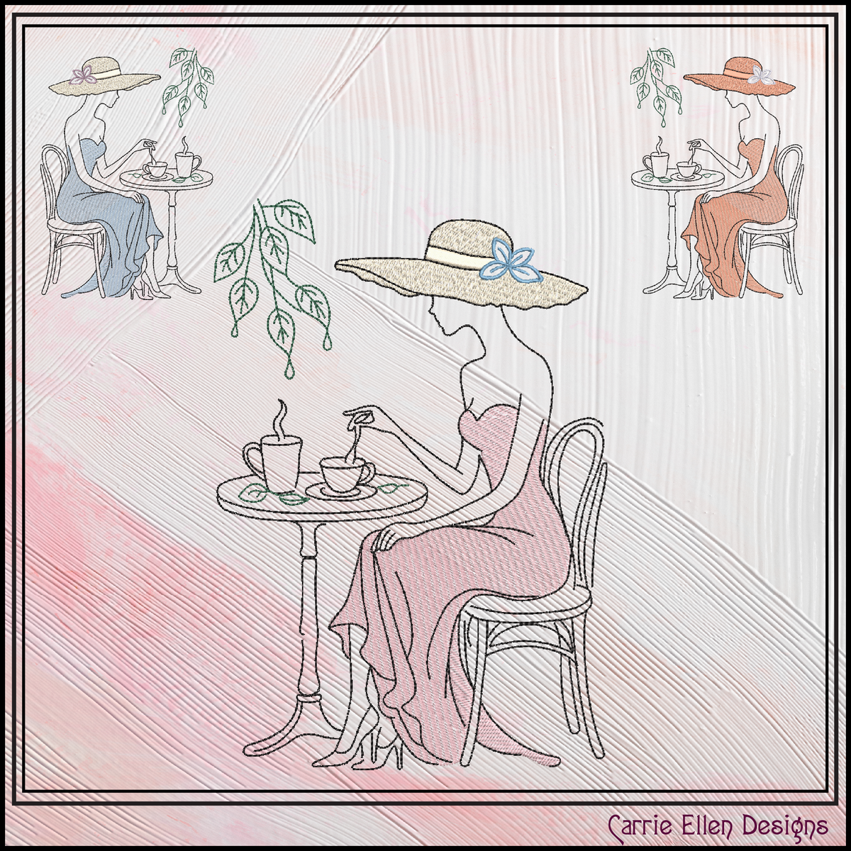 Tea Time Café Lady Machine Embroidery Design | French Bistro Woman Line Art, 6 Sizes (4381)