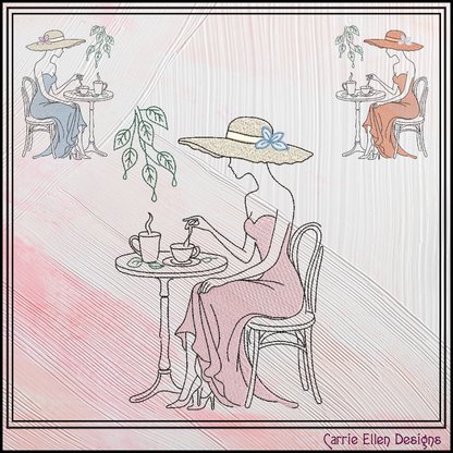 Tea Time Café Lady Machine Embroidery Design | French Bistro Woman Line Art, 6 Sizes (4381)