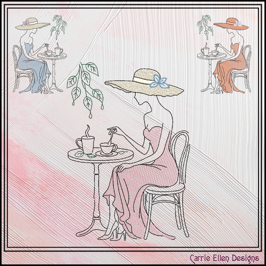 Tea Time Café Lady Machine Embroidery Design | French Bistro Woman Line Art, 6 Sizes (4381)