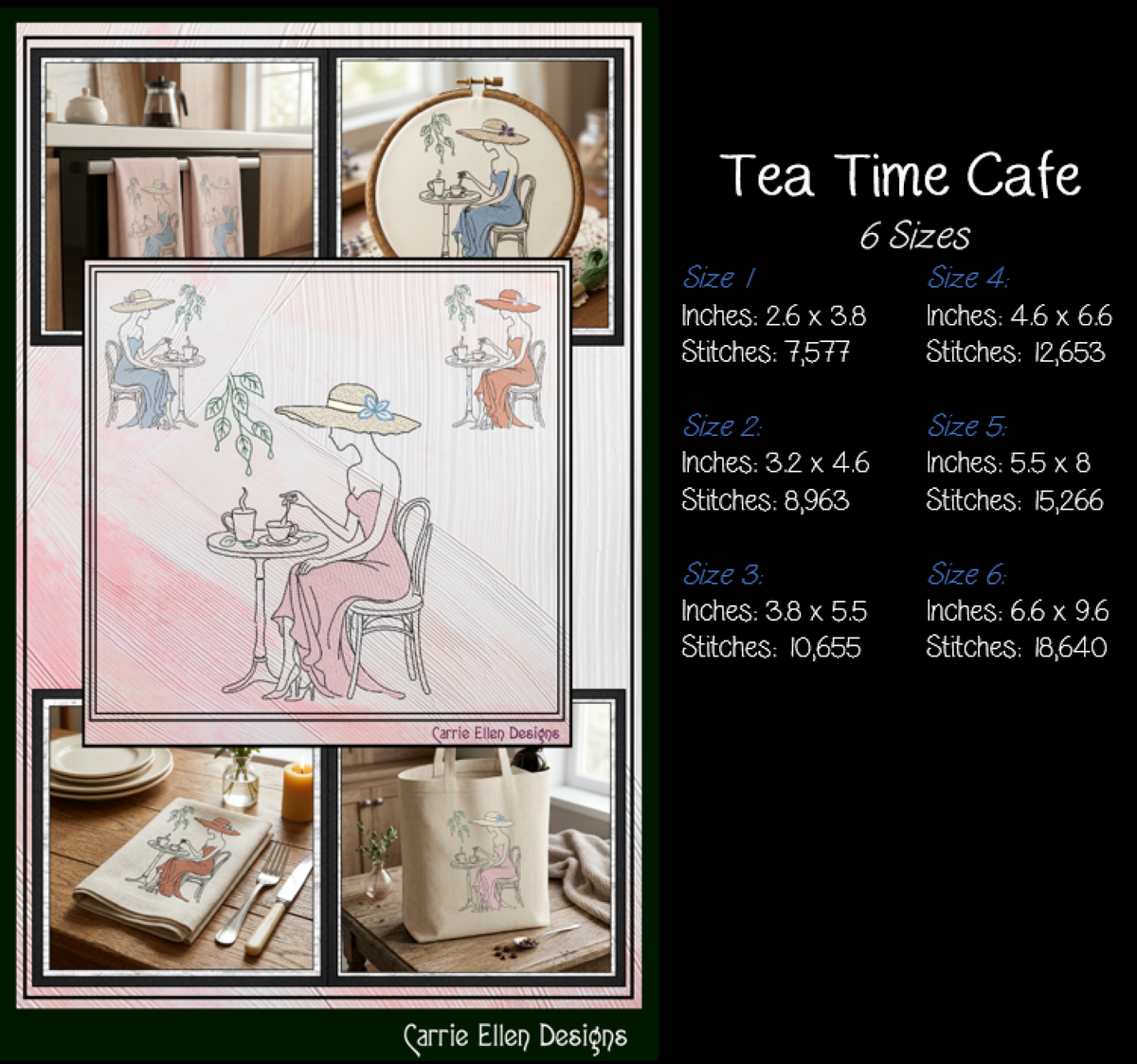 Tea Time Café Lady Machine Embroidery Design | French Bistro Woman Line Art, 6 Sizes (4381)