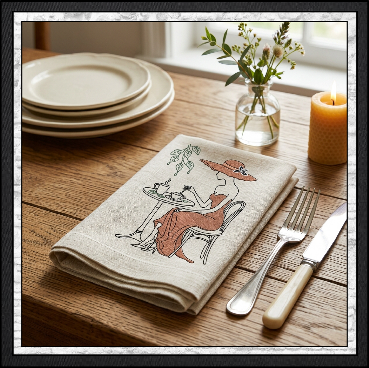 Tea Time Café Lady Machine Embroidery Design | French Bistro Woman Line Art, 6 Sizes (4381)